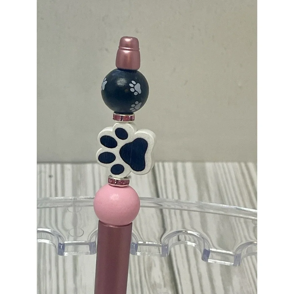 Pink And Black Paw Print Beaded Pen Black Ink